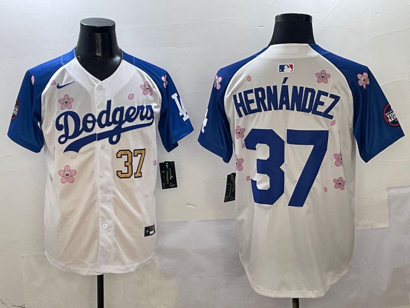 Men Los Angeles Dodgers #37 Hernandez White Blue Sakura Edition 2025 Nike MLB Jersey style 2->los angeles dodgers->MLB Jersey
